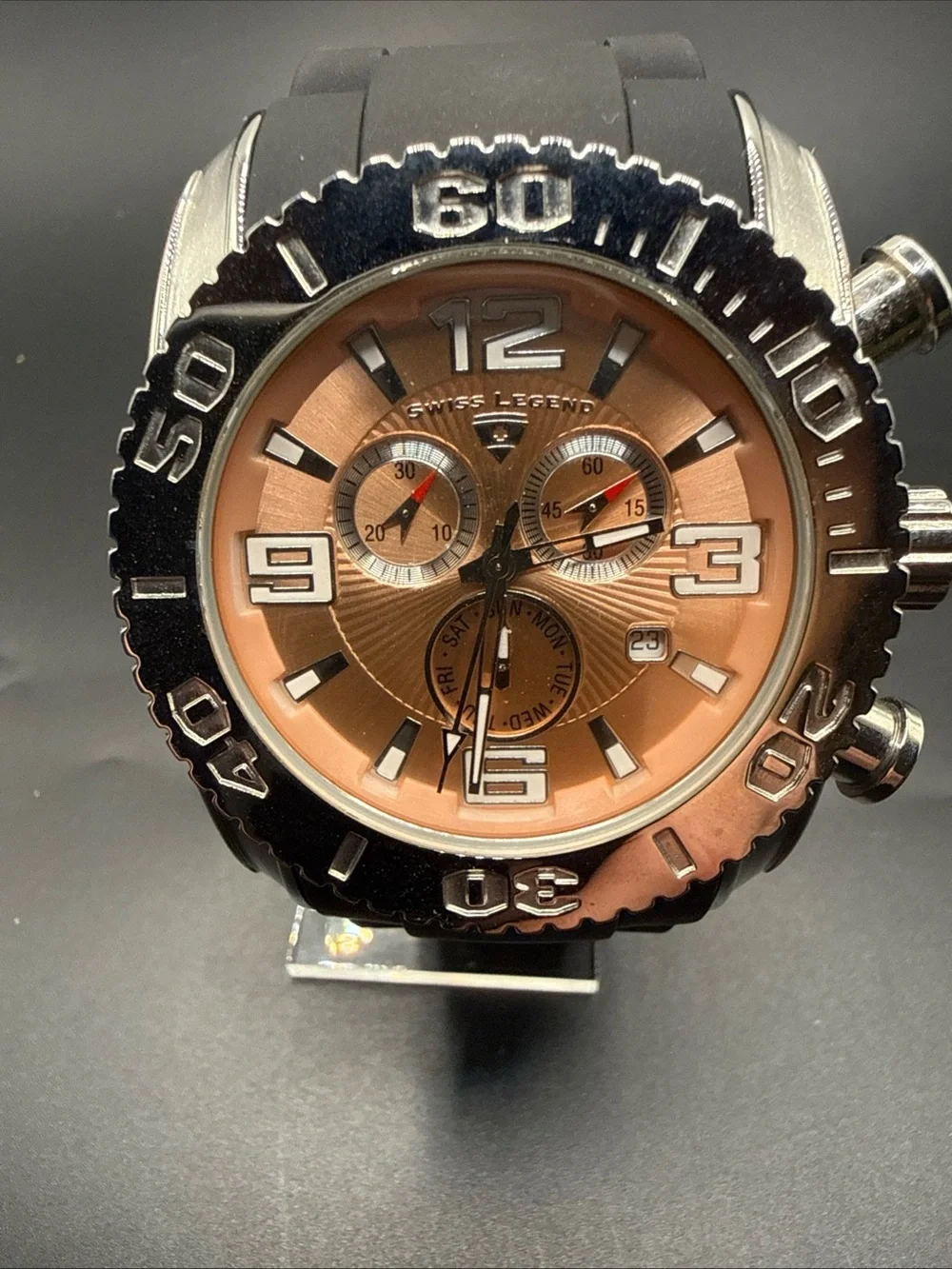 Swiss Legend Rose Gold Dial Chronograph with Black Strap